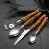 Dinnerware Set 18/10 Stainless Steel Tableware Natural Bamboo Hand Knife Fork Spoon Luxury Cutlery Set Flatware