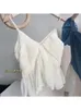 Korean Sexy Sweet Suspender Tops For Women Summer Chic Irregular Ruffle Pleated Design V-Neck Solid Color Ladies Cropped Top 220331