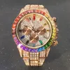 Horloges Roségoud Iced Out Herenhorloges Drie ogen Regenboog Diamanten Horloge Man Lichtgevend Rond Roestvrij staal Hiphop Horloge Malewristwa