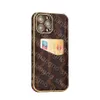 Designer M Wallet Phone Cases pour iPhone 13 Pro Max 12 Pro 11 XS X XR 8 7 Plus Shell Gold Galvanoplastie Porte-cartes en cuir Poche de crédit Marron Antichoc Couverture complète