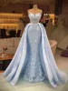 Luxury Sky Blue Mermaid Evening Dresses Sweetheart Sleeveless Lace Appliques Lady Party Bridal Prom Gown 2022