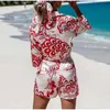 Kvinnors träningsdräkter kvinnor 2022 Summer Red Print Shirt Suits 2 Pieces Set Woman Shorts Set High midje Elegant Ladies Vintage Beach Suftwomen '