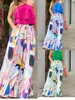 여자 2 피스 바지 여자의 여름 여성 의류 세트 슬리글 레벨 레벨 이중 레이어 주름 끈 끈 홀터 셔츠 넓은 다리 꽃 바지
