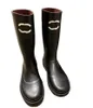 Fashion Black Women's Leather Long Boots Rain Boots Print Outsole Designer Shoes