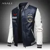 Chaqueta de cuero Hombres Bomber Chaqueta de béisbol Biker Pu Coat Faux Pilot Fleece College Top Cuero Negro Slim Fit Motocicleta 201128