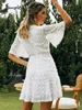 Holiday O-Neck Flare Sheeves Tassel White Mini Dress Summer Women Hollow Out Emboridery Ruffle Dresses Casual Vestidos 220510