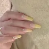 Falska naglar avtagbar gradient gul falsk tryck på balett Lång nagelspets Vit Bow Heart Färdig akryl Artfalse