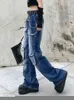 女子ジーンズなどの街頭貨物貨物女性ジーンズ韓国ファッションローウエストデニムズボンy2kハラジュクカジュアルポケットアップルーズパンツ2000年代T220825