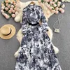 Elegant Floral Vintage Print Brand Designer Runway Dresses Women Autumn Polo Neck Long Maxi Shirt Party Dress 2023333v