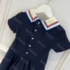 22ss kids designer clothes girls navy collar dress shirt cotton skirt summer child short sleeves embroidered skirts girl g.ci brand solid color party dresses album a1