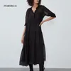 femmes s noir en mousseline de soie demi manches col montant long pois transparent voir à travers sexy robe de soirée 210322