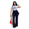 Summer Two Piece Set Women Pant Suit Wholesale Short Sleeve White Tops and Black Overalls Suspender Sets Outfits Drop 220315