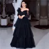 Black Muslim Evening Dresses 2022 A-line V-neck Long Sleeves Tulle Tiered Dubai Saudi Arabic Prom Gowns Vestidos Formales
