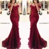 Junoesque Burgundy Lace Mermaid Prom Dresses Appliques Off The Shoulder Beaded Sequins Long Prom Chowns Evening Dresses BM0449