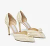 女性サンダルドレスポンプハイヒール高級ブランド靴デザイナーヒールザビーヌ 85 ミリメートルホワイトサテンパンプス全体にパールの装飾がポイント