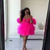 Abiti casual Abito fucsia A strati Puffy Tulle Mini Abito da sera da sera Off spalla Maniche lunghe Ruffle Short Prom Formal Custom MadeCasual