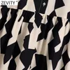 Zevity Women Vintage Contrast Färg Geometrisk Utskrift Platser Midi Shirt Klänning Kvinna Chic Slå ner Krage Business Vestido DS8767 220406