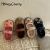 Honeycherry Corduroy Floral Canvas 소녀 스퀘어 실내 실내 소프트 솔로 Nonslip Shoes 220607