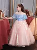 青いピンクの花の女の子ドレス安い小さな女の子のコミュニケーションページェントガウンスコーポーティングロングプリンセスパーティーの誕生日フォーマルプロムウェディングドレス