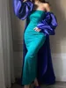 Elegant Hunter Sheath Prom Dresses With Royal Blue Wrap Cap Side Split Strapless Off Shoulder Long Sleeve Formal Evening Gowns Color Match Satin Party Outfit