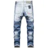 Mäns jeans män tätt passande med hål och lapp elastisk färgstänk blå sömmar tiggare pantsmen's