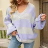 Women's Knits & Tees Women Pullovers Sweater Contrast Colors Warm Long Sleeves Thermal Knitting V Neck Striped Elastic Spring Autumn Sweater