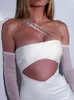 BEVENCCEL One Spalla a maniche lunghe in raso Midi Dress Sexy off Spalla tagliato aderente Bodycon Dress Elegante Mesh Club Dress Party Bianco Y220401