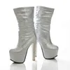 Botlar Marka Orta Kalf Kadın Platformu Seksi Yüksek Topuklu Parti Lüks Altın Gümüş Fetiş Ayakkabı Bayanlar Büyük Boyut 220805