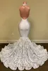 iHOT! vory 2022 Mermaid Prom Dresses Halter Lace Sequined Appliqued Backless ruffles sweep train trumpet african evening dress