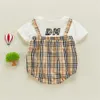 2022 Nyfödd Baby Gentleman Romper Lapel Plaid Shirt Boys Girls Spädbarn Jumpsuit Bodysuit Formell Skjortor Sommar Kortärmad Playsuit Outfits Kläder T34WMTJ