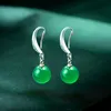 Dingle ljuskrona naturlig grön jade chalcedon rund örhängen 925 silver snidad charm jadeit smycken mode amulet för kvinnor gåvadangl