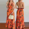 Mujeres Summer Sexy Vestido impreso sin espalda Fashion V Neck Winist Maxi New Boho Casual Vacationwear