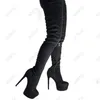 Rontic Women Spring Stretch Botki Udrza Platforma Faux Suede Side Zipper Stiletto Obcasy Okrągłe Toe Black Casual Buty US Rozmiar 5-20