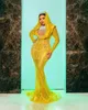 2022 Plus Size Arabic Aso Ebi Yellow Mermaid Luxurious Prom Dresses Pärled Crystals Evening Formal Party Second Reception Birthday Engagement Gowns Dress ZJ605