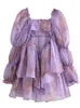 2022 Hollow Out Backless Purple Organza Ball Jurk Jurk Jurk Elastische Puff Sleeve Retro Women Swing Mini Dresses Fairy Cake Vestidos 220511
