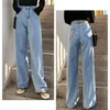 Kvinnors jeans gata hög midja byxor ljus färg bomull koreansk mode lösa jeans metall spänne brett ben y2k kvinnliga jeans 220815