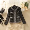 Vintage Women Woolen Cropped Tweed Coat O-neck Slim Black White Plaid Short Jackets Korean Wool Blends Outwear Tops Chaquetas 220815