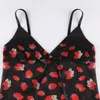 Summer Sexy Camis Women Black Strawberry Print V-neck Sleeveless See-through Backless Sling Crop Tops Lace Trim Streetwear