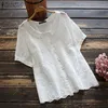 Mode vrouwen borduurwerk blouses zanzea kanten tops korte mouw blusa's vrouwelijke casual knop o nek tuniek chemise oversized 220629