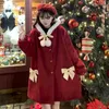 女性のウールブレンドクリスマスレッドウールフード付きコート女性女性秋冬2022日本間のファッションミッドレングス太いジャケットレディース服BER