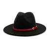남자 여자 양모 빨간 벨트 넓은 챙 펠트 재즈 페도라 모자 영국 스타일 트리비 파티 공식 파나마 캡 드레스 모자 도매 delm22