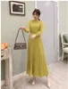Autumn new Women's long sleeve casual dress o-neck pleated high waist with belt sashes maxi long vestidos solid color