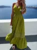 Elegant V-hals veckad Sling Party Dress Sexig solid spetsstygn Hög midja klänning Summer Casual Chic A-Line Maxi Beach Dresses