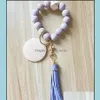 Personalized Pu Leather Tassel Pendant Party Favor Carved Wood Bead Elastic Rope Bracelet Key Chain Wholesale Mti-Color Options Drop Deliver