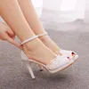 Women Bride Toe High Heels Wedding Shoes White Lace Pearl Rhinestone Stiletto Summer Party Sandals Pumps