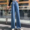 Höghus med fransade brett ben Jeans Casual Blue Women's Straight Ben Pants Loose All-Match Ladies Trousers 2022 Spring New T220728