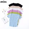Aproms Green Square Neck Ribbed Knitted T-shirt Women Sexy Solid Color High Strench Tshirt Cool Girls Street Style Crop Top 220321