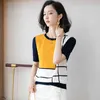 2022 Is Silk Kortärmad Kvinnor Bomull Pullover Striped Grid Loose Patchwork Sticka T-shirts Lady Yellow Navy O-Neck Elegant