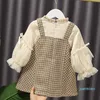 Mode-robes de fille bébé filles vêtements printemps automne Plaid faux deux pièces manches bouffantes robe de princesse pour la mode Style londonien