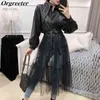 Chic Design Solid Color Long Mesh Gauze Stitching PU Leather Coat 2020 Spring New Women Fashion Black/Green Outwear With Belt L220728